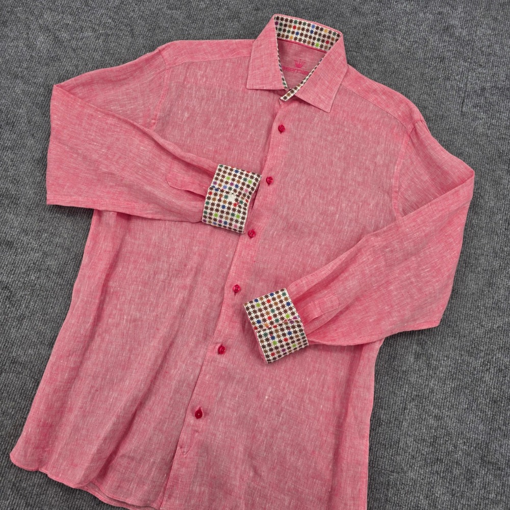 Bertigo Mens Pink 100% Linen Long Sleeve Button Down Shirt Size M Geometric Trim